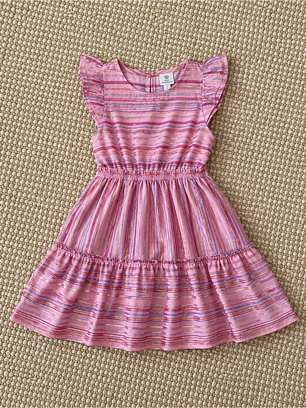 Vince Camuto Girls Pink Tiered Dress - Size 7 | Metallic Stripe Flutter Dress